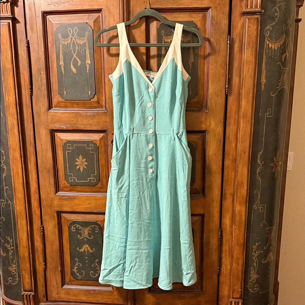 Tatyana Turquoise and Ivory Button-Down Midi Dress